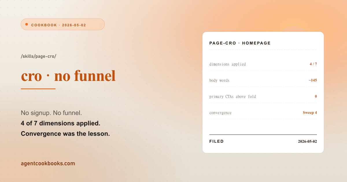 Illustrated receipt card summarizing: Claude Code CRO on a content blog with no funnel