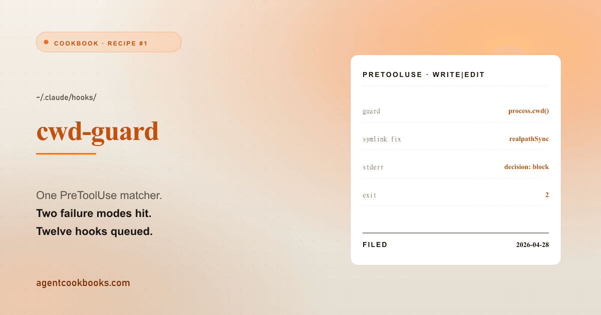 Illustrated receipt card summarizing: Claude Code hooks: a starter recipe with real config