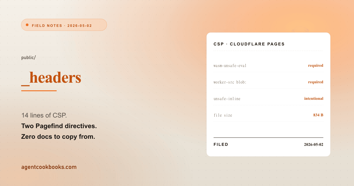 Illustrated receipt card summarizing: A static-site CSP that doesn't break Pagefind