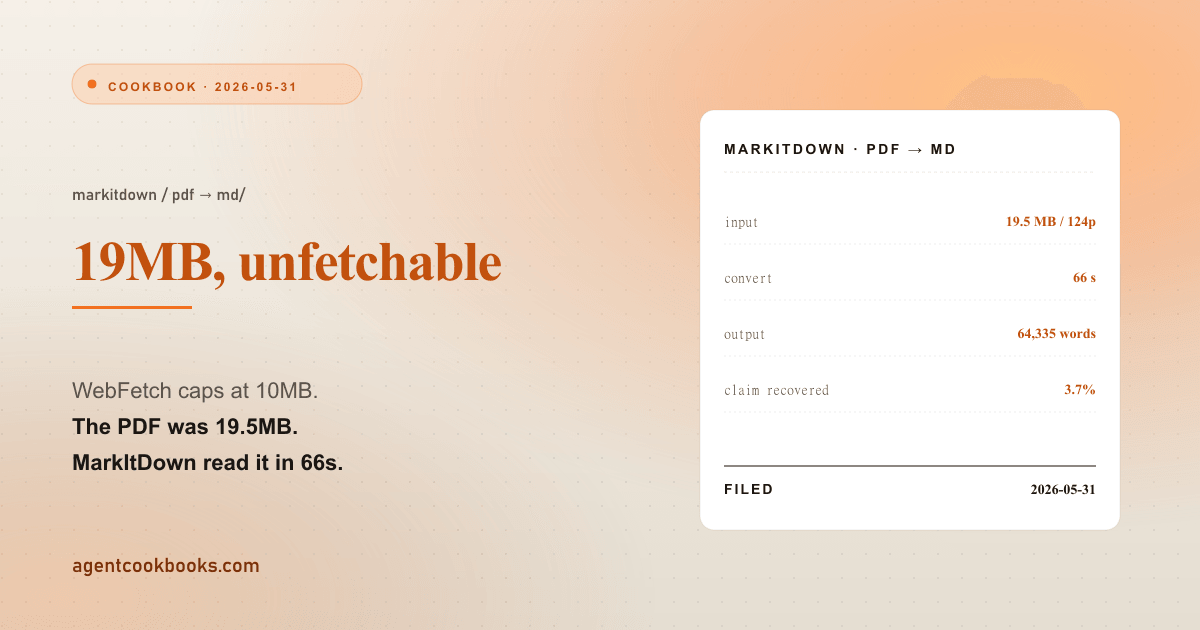 Illustrated receipt card summarizing: MarkItDown read the 19MB PDF WebFetch wouldn't