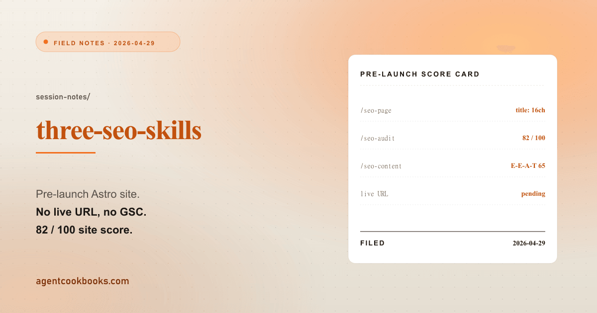 Illustrated receipt card summarizing: Three SEO skills on pre-launch Astro: what each caught